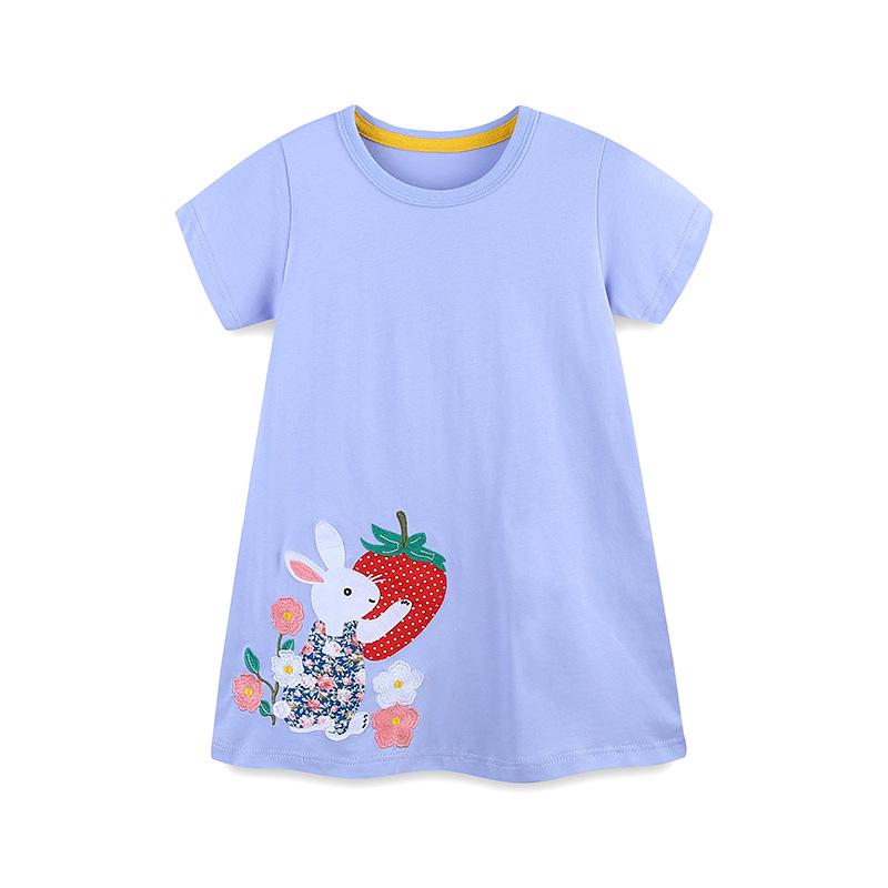 Girls Cartoon Embroidery Cotton Dress - Short Sleeve, Round Neck, Summer Skirt 100cm