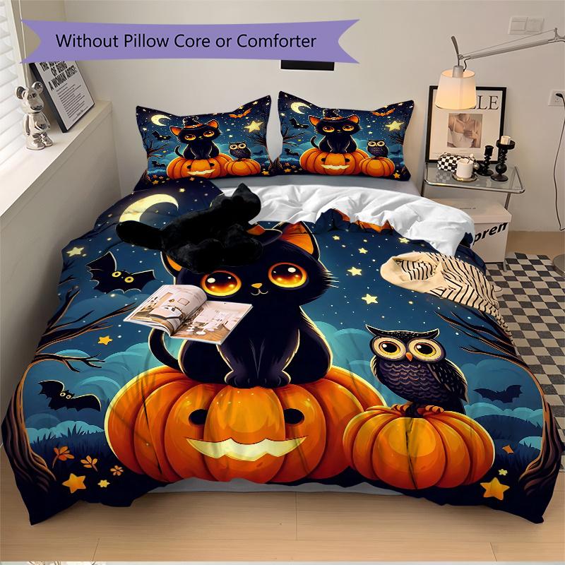 3pcs Starry Sky Cat and Owl Halloween Print Cover Set Ultra Soft, Breathable, and Comfortable Bedding with Stylish Design for Bedroom and Guest R