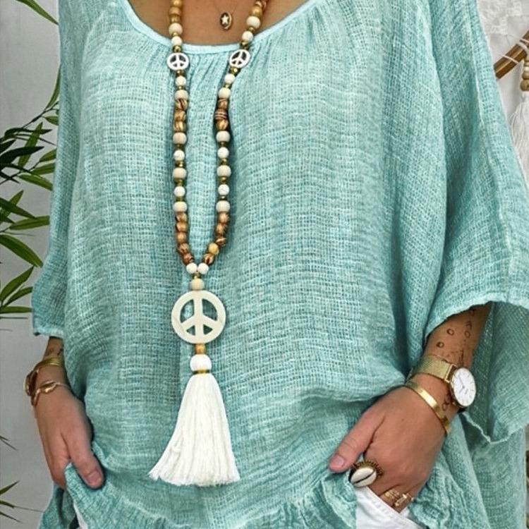 Handmade Bohemian Wooden Bead Necklace with Peace Symbol Pendant and Tassel