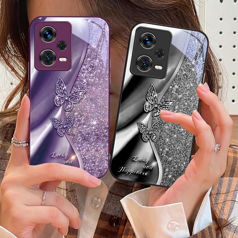 Golden Butterfly For Xiaomi 14 Ultra 13 Lite Redmi Note 13 11 Pro 12 Plus Poco X6 3 Pro F4 6 GT Tempered Glass Phone Case