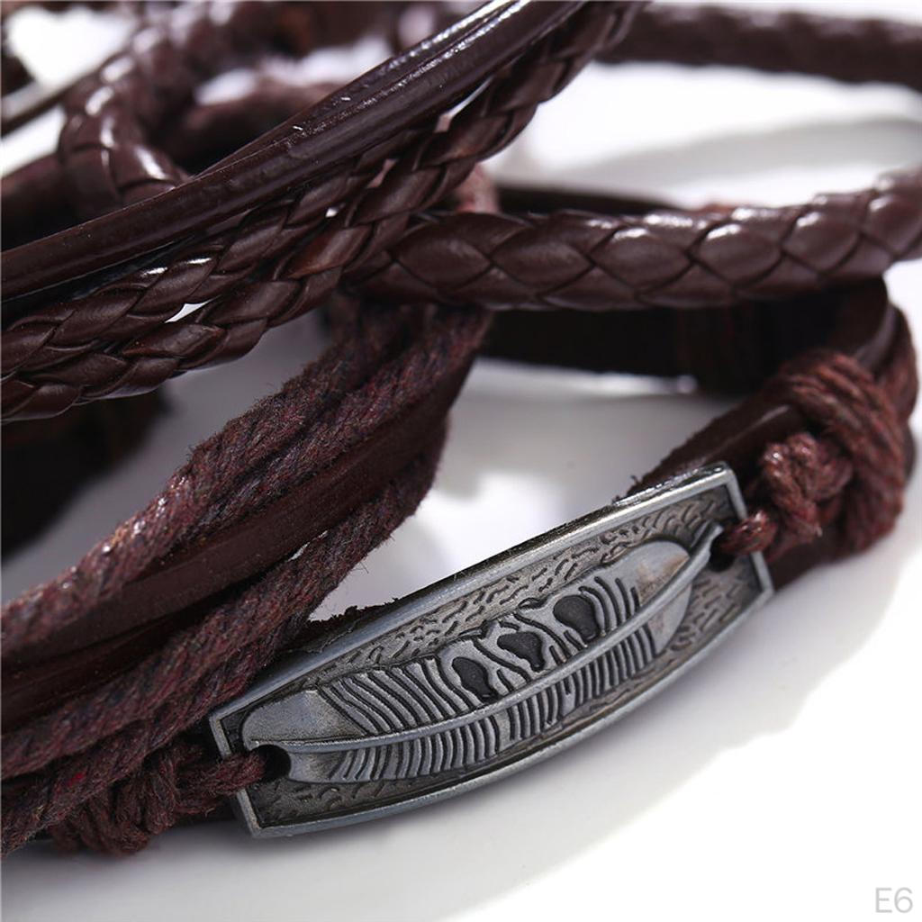 1 Set Wrap Bracelets for Men Women, String Cords Wood Beads Ethnic Tribal Bracelets, Leather (4Pcs)