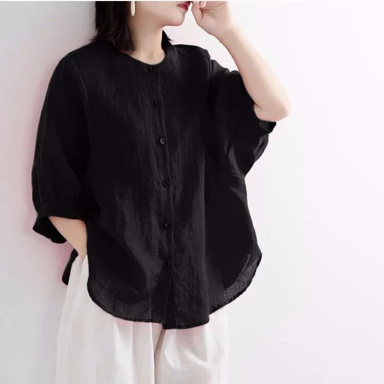 Women's Spring Vintage Boho Cotton-Linen Shirt with Bell Sleeves and Relaxed Mid-Length Fit