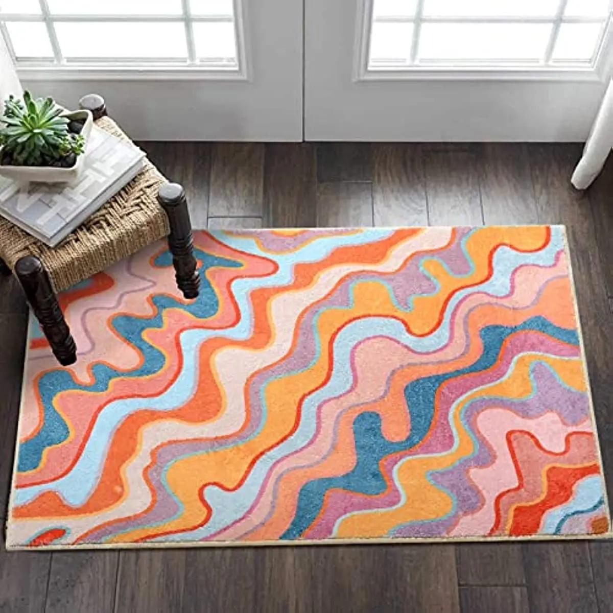 

Vintage Abstract Bedroom Area Rug Colorful Striped Non-Slip Carpet Living Room Floor Mat Kitchen Barhroom Entryway Doormat Decor 40 x60cm