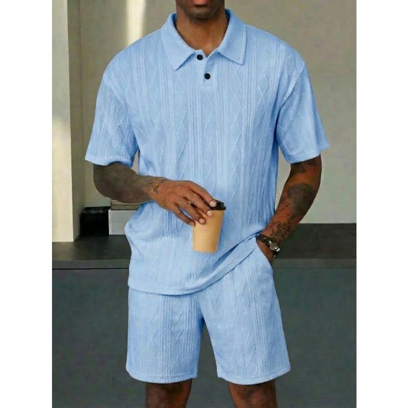 Men Cable Knit Texture 2 Piece Outfit Short Sleeve Polo Shirt And Casual Shorts Set
