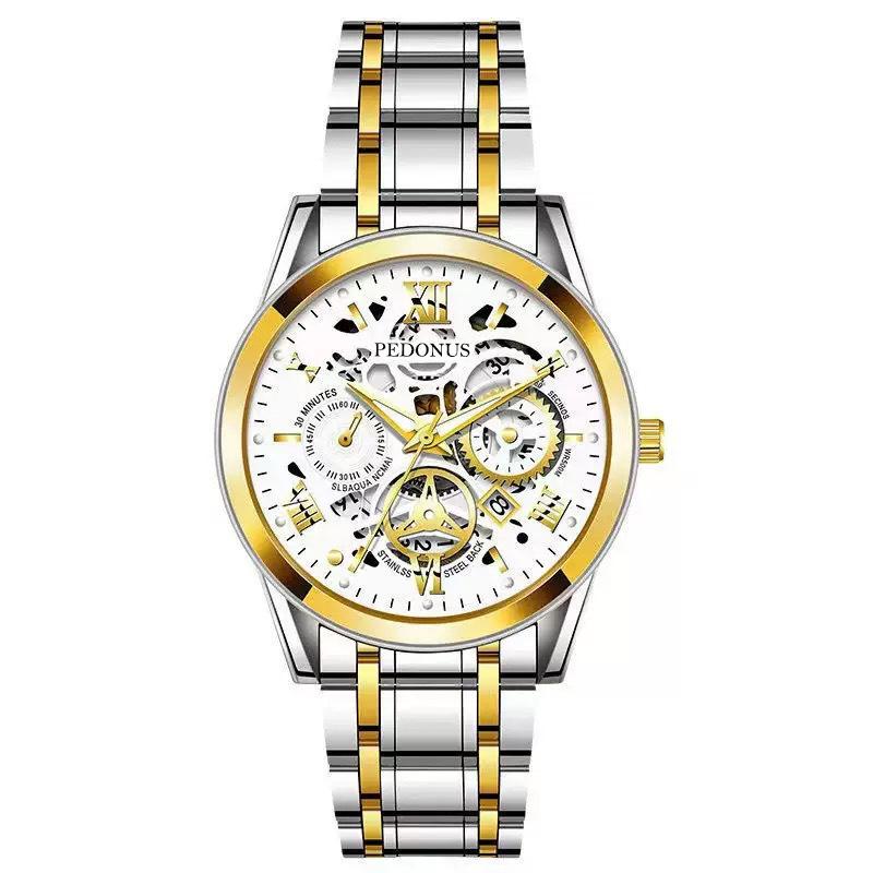 New Fashion Luxury Man Business Hollow Skeleton Faux Mechanical Watch Men Stainless Steel Quartz Watches Male Clock reloj hombre