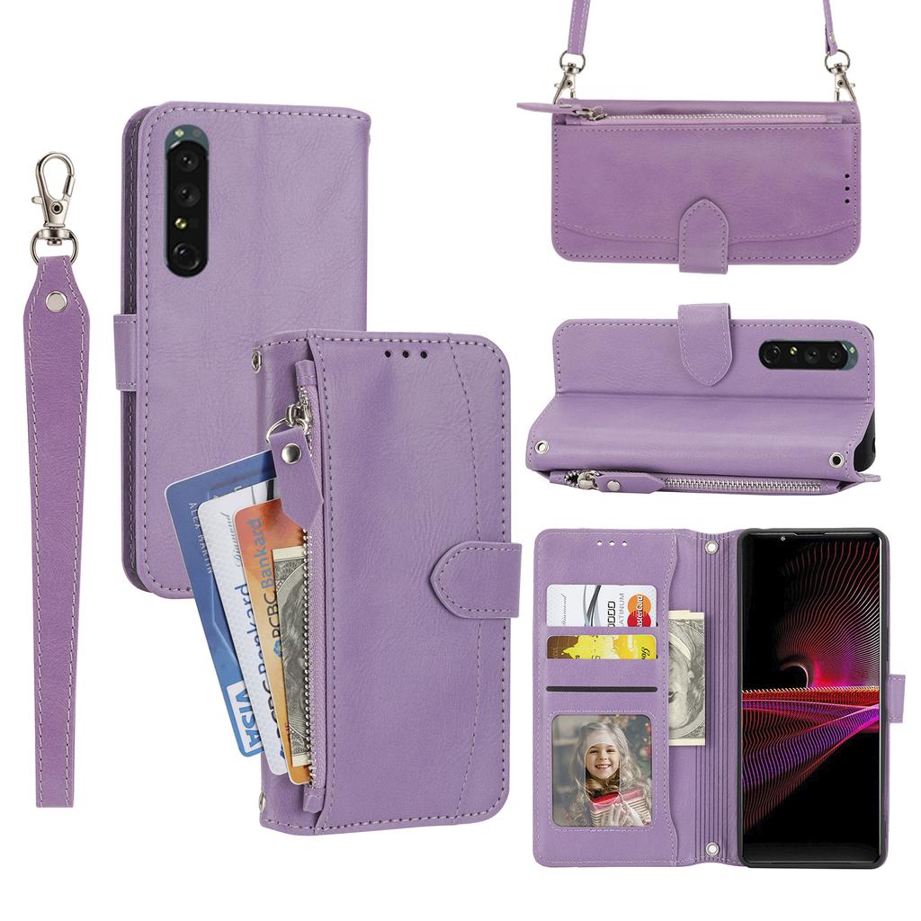 For Sony Xperia 5 IV 5G Case Zipper Pocket Leather Phone Cover with Crossbody Shoulder Strap
