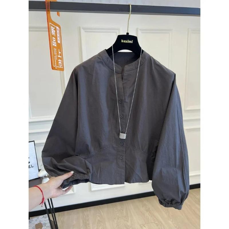 

Женская одежда Корейский кэжуал Осень Новая мода Рубашка Свободный круглый вырез Приталенный топ Блузки S серый