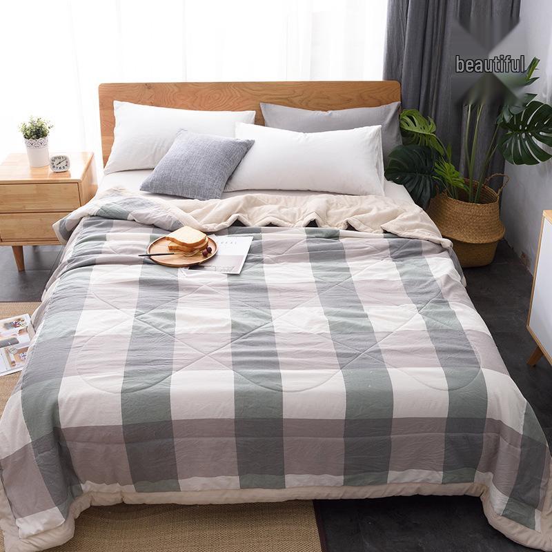 Letnia kołdra z bawełny pranej, Pasek w kratkę w stylu MUJI, Kołdra klimatyzacyjna do akademików, Letnia kołdra na łóżko pojedyncze, Kołdra na prezent