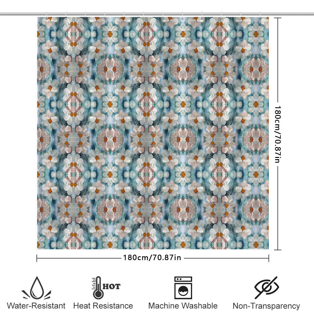 Decorative Shower Curtain Floral Print with White Flowers Blue and Orange PatternLong Size for Bathroom Decorations Perfect Gift