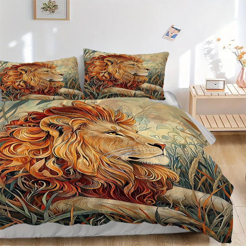 3pcs Bedding Set Lion Safari Includes 1 Comforter + 2 Pillowcases, Without Pillow Inserts, Soft Comfortable,a0909107