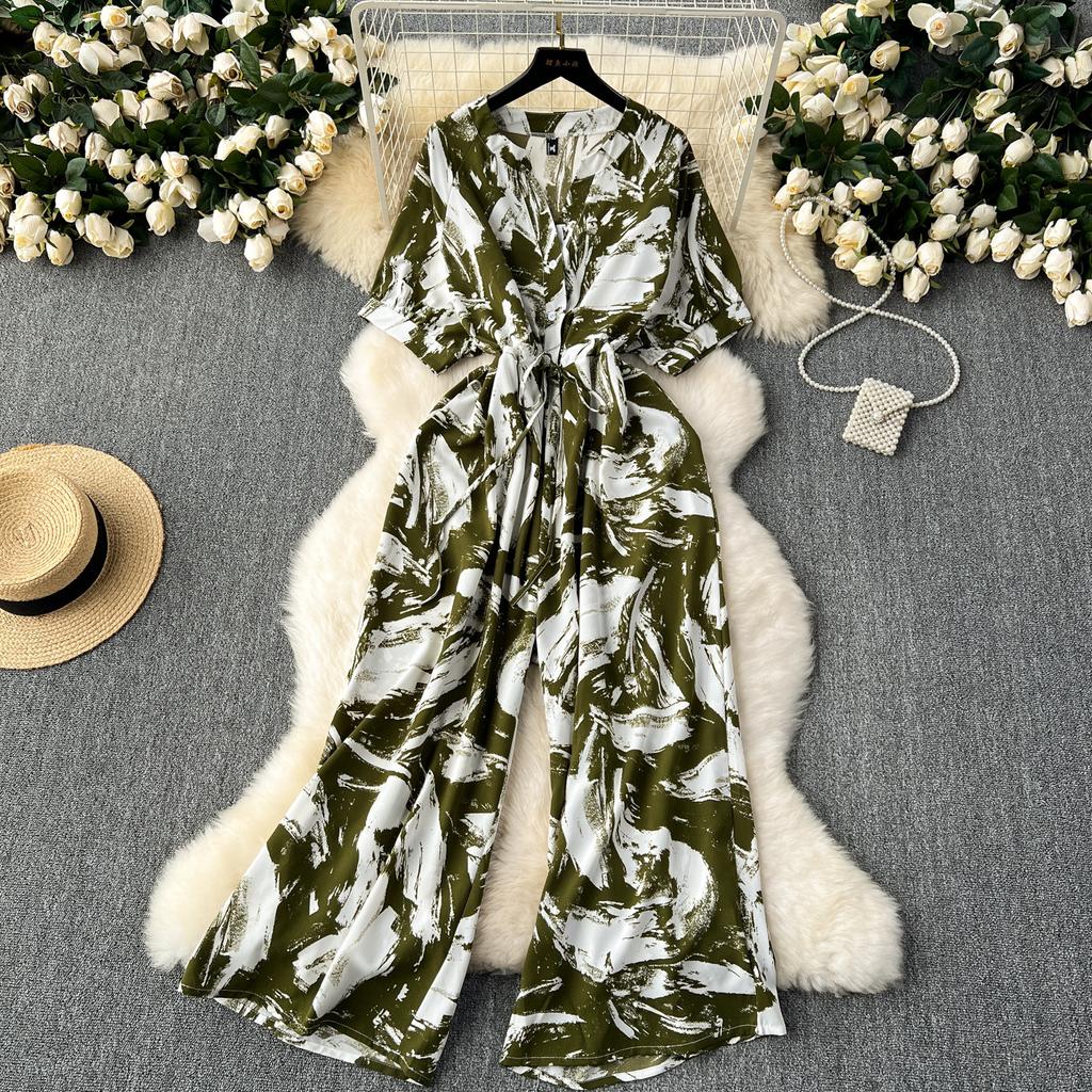 Short Sleeve Wide Leg Pants Jumpsuit Casual Elegant for Women Office Lady Print Bandage Femme Thin Slim V Neck Jumpsuit