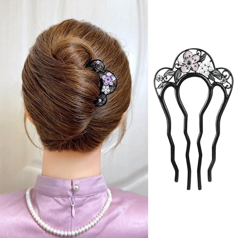 Elegant Blue Crystal Flower Hair Combs Pins Women Daily U-shaped Hairpin For Bun Hairstyle Female Hair Updo Pin Accessories Gift