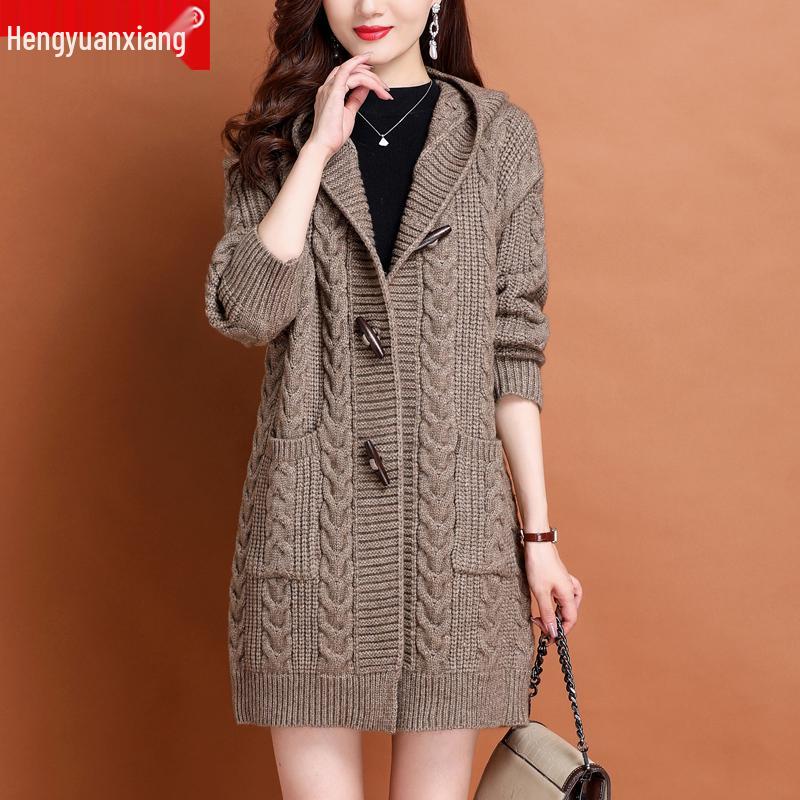 

Женский вязаный кардиган с капюшоном, средней длины, из толстой шерсти, на осень/зиму, свободного кроя, свитер-куртка 4XL (75-85 kg)