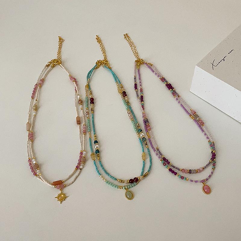 Retro Ethnic Style Colored Natural Stone Beaded Necklace Women'S Light Luxury High Sense Elegant Versatile Neck Chain Collarbone Chain