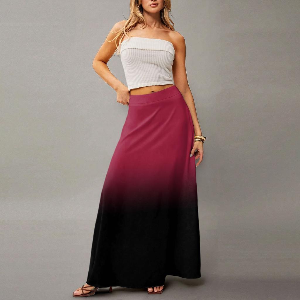 Damen Lässig Freizeit Faltbar Farbverlauf Druck Hohe Taille Mit Tasche Drapierter Entspannter Langer Maxi Rock