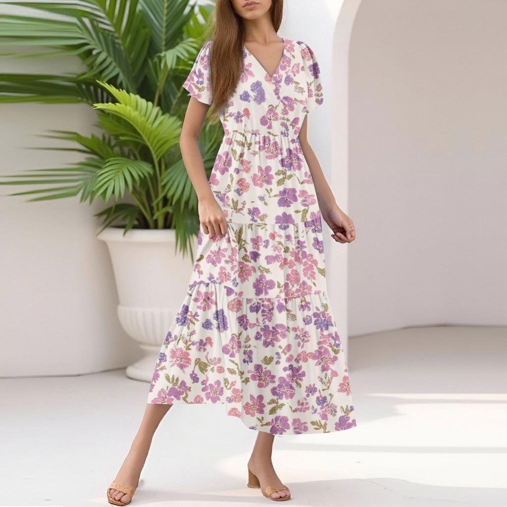 Damen Sommer Casual Mode V-Ausschnitt Rüschenärmel Blumendruck Midi-Kleid