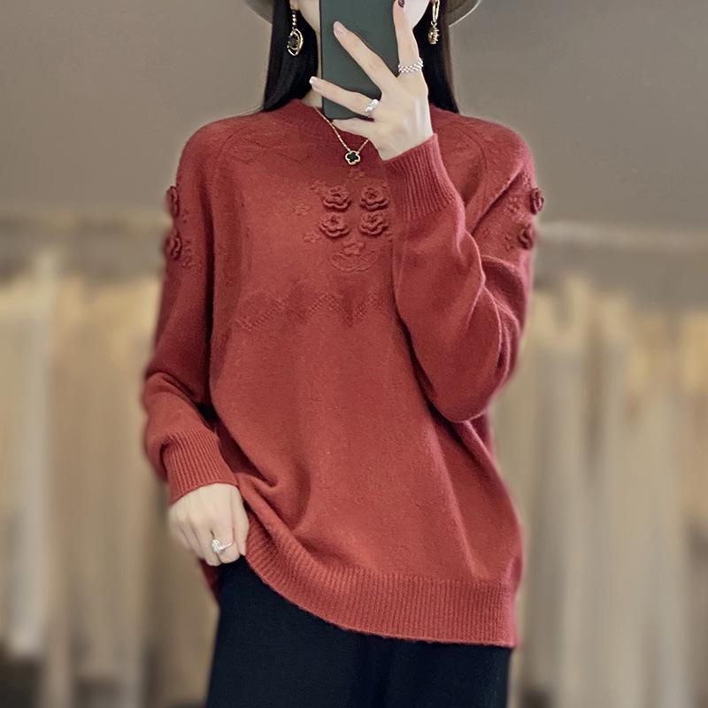 2023 Women's Versatile Wool Sweater: High Neck, Half-Embroidered Knit, Perfect for Autumn/Winter