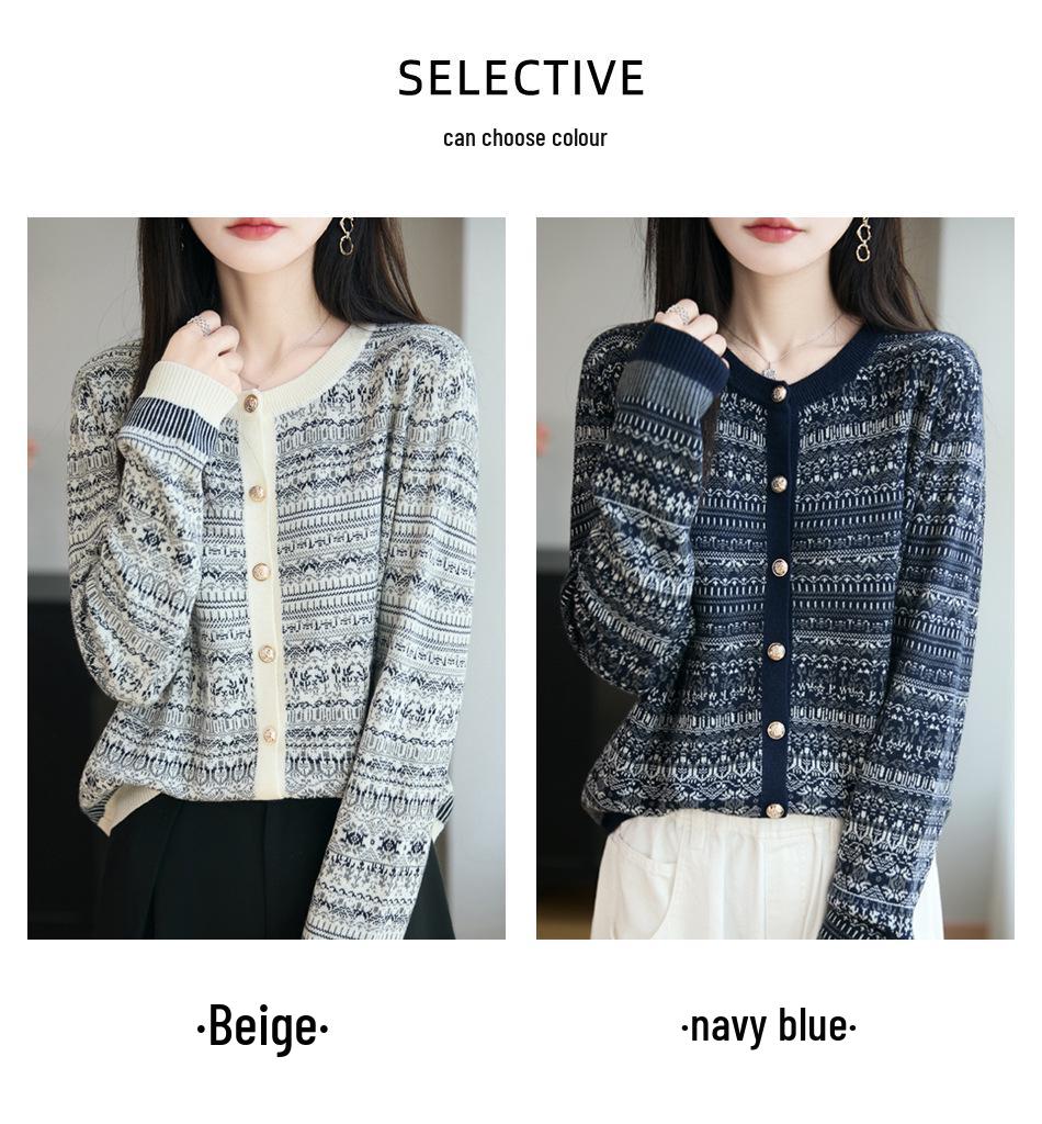 Women's Korean Style Wool Color Block Cardigan - Round Neck, Fair Isle Jacquard, Autumn/Winter Fashion.
