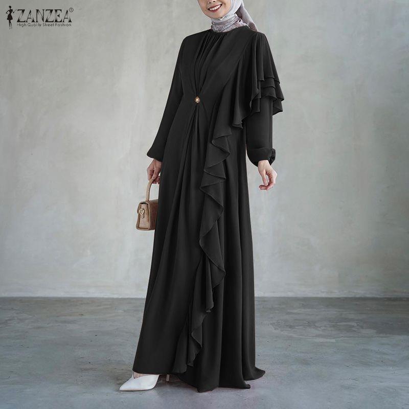 ZANZEA Women Casual Round Neck Long Sleeve Loose Ruffles Splice Long Dress