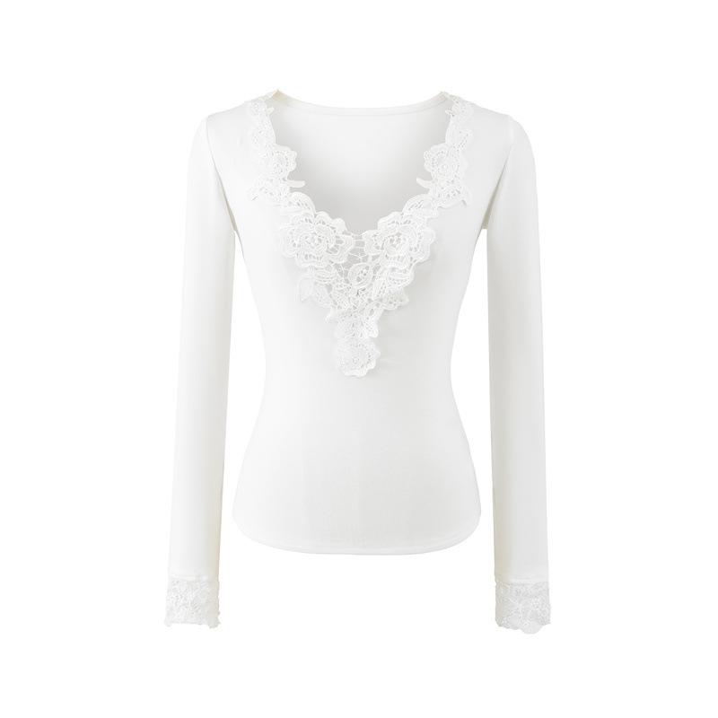 

Elegant Lace Jacquard V-Neck Slim Fit Long Sleeve T-Shirt for Women - Korean Style Innerwear Small белый