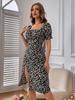 2025 Summer European & American Style Floral Square Neck Midi Dress with Back Zipper