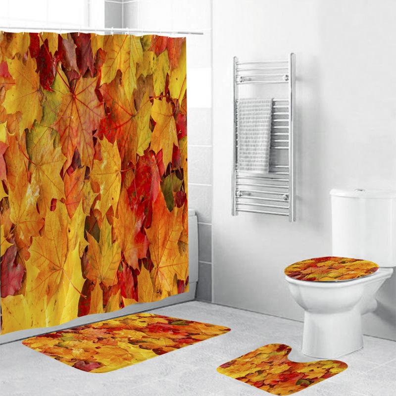 Forest Leaves Trail Waterproof Bathing Shower Curtain Set With 12 Hooks Toilet Covers Bath Mat For Bathroom Non-Slip Rug Carpet