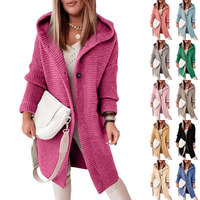 Women's Color Hooded Knit Cardigan Long Sweater Coat for Fall and Winter