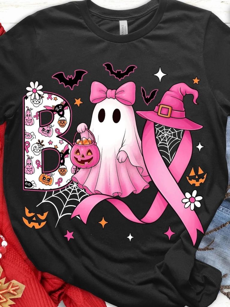 Plus Size Halloween Pink Ribbon Breast Cancer Awareness T-Shirt, Cute Witch Hat Pumpkin Bat Print, S