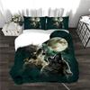 Wolf Howling At Moon Comforter Bedding,Kids Teens Green Galaxy Universe Animal Quilt Cover Set Included:Duvet Cover Pillowcase