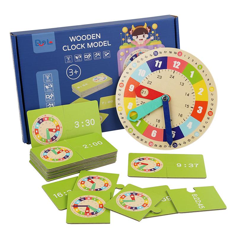 Wooden Clock Model Teaching Aid Learning Clocks With Cards Kindergartner Toy For Game Interaction Time Cognitive