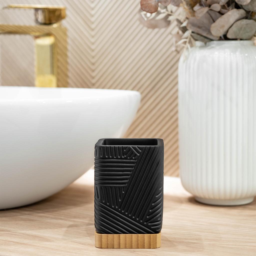 KADAX Kubek Łazienkowy Na Szczoteczki Pojemnik Czarny Organizer Bambusem Kwadrat