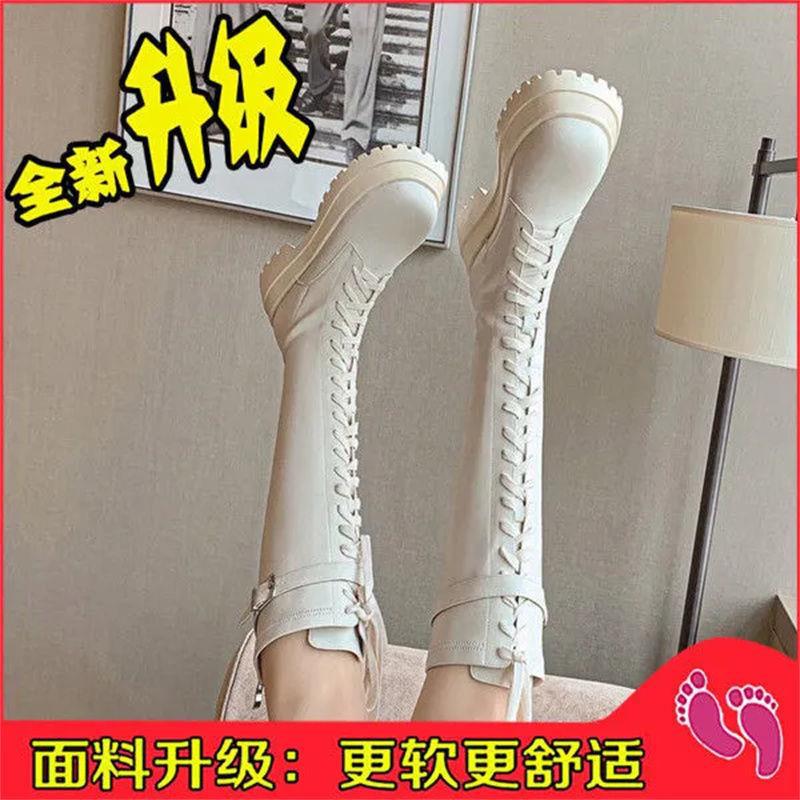 

Женские ботинки на платформе с круглым носком, с ремешком и пряжкой, шнуровкой, рыцарские ботинки, модные, белые, хаки, длинные, зимние, высокое голенище до колена, женская обувь 37 грязно-белый