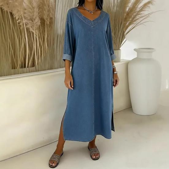 Women's Faux Denim Maxi Dress V Neck 46085 Sleeve Loose Long Dress