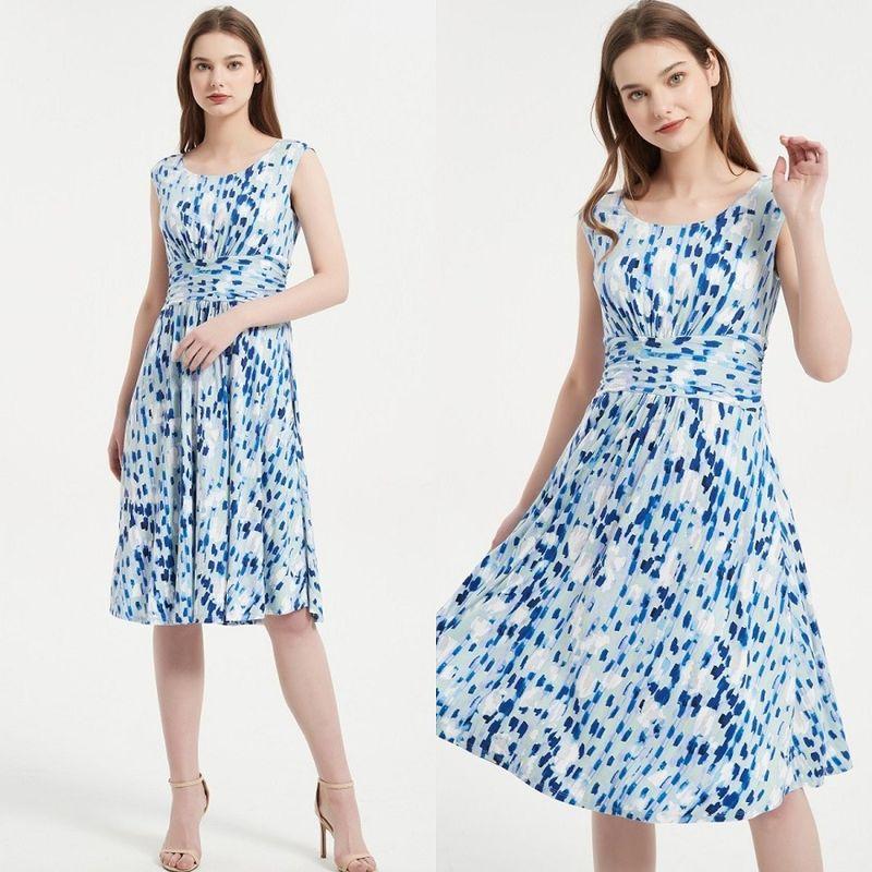 

Skin Color Cotton Elastic Print Large Swing Chubby Girl Slim Looking Dress Blue and white dots S