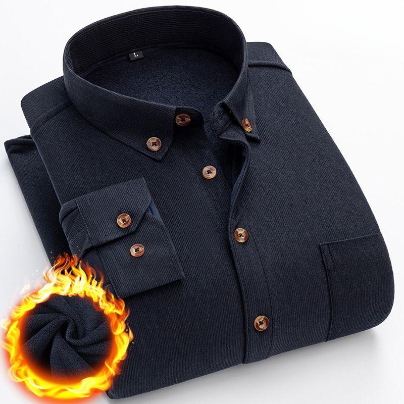 Winter Herren Warmes Hemd Cord Mittleren Alters und Ältere Langärmlig Einfarbig Mode Verdickt Plus Samt Freizeithemd