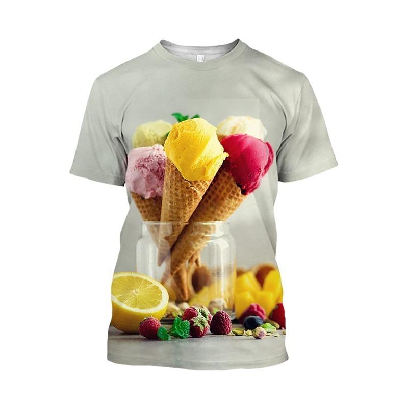 Eis 3D-Druck T-Shirt Herren Erdbeer Schokolade Grafik T-Shirt Unisex Lustig Essen Lässig Kurzarm Oberteile Cartoon T-Shirt