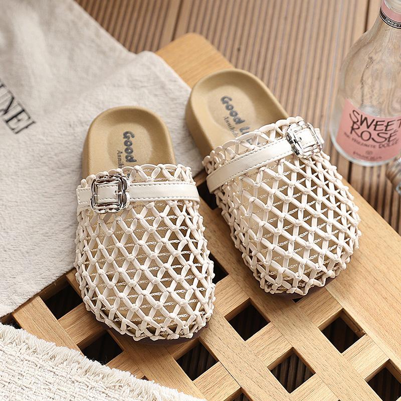 2026 Girls Summer Hollow Dress Outerwear with Closed-Toe Sandals and Woven Sole Vacation Slippers 24