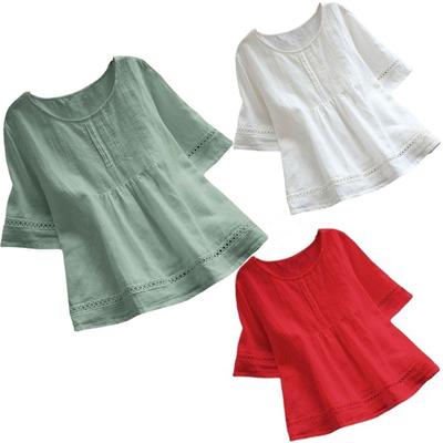 Women's Fashion Casual Solid Color Cotton And Hemp Top Half Sleeve Crewneck Splicing Shirt Hollowed Out Top T-shirt