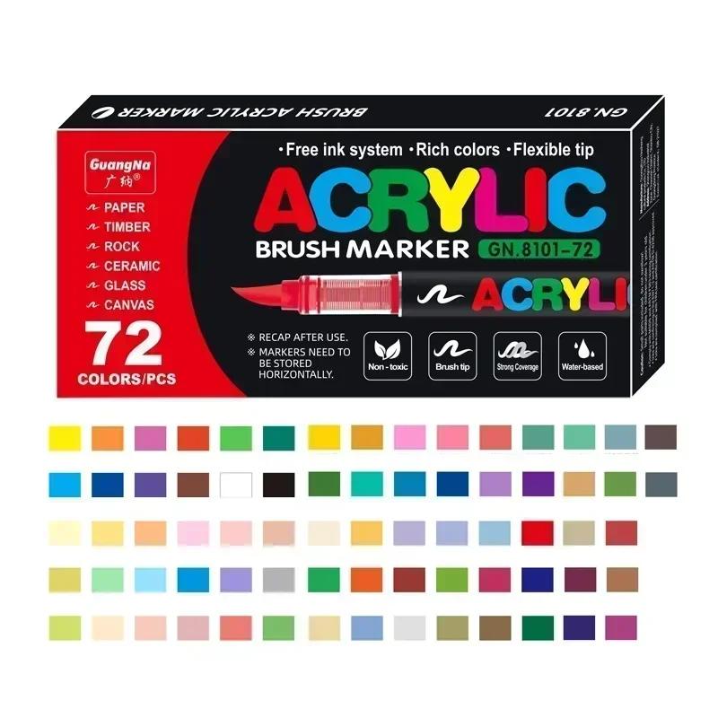 GUANGNA 168-12 Colors Acrylic Marker Pen for Rock Painting Brush Tip Paint Marker Christmas Markers Waterproof Art Supplies