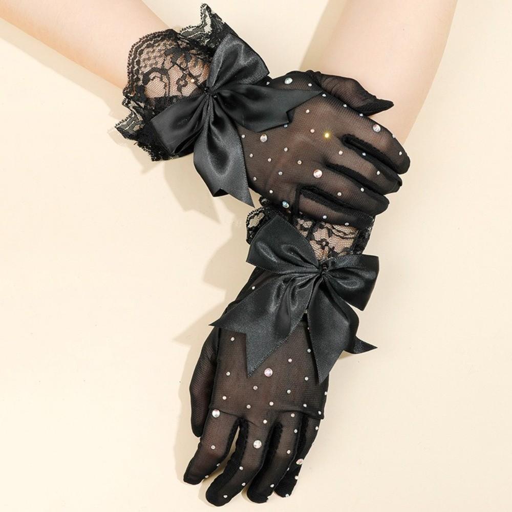 1 Pair Bow Knot Design Lace Gloves Full Finger Bridal Gloves Elegant Cosplay Gloves for Women