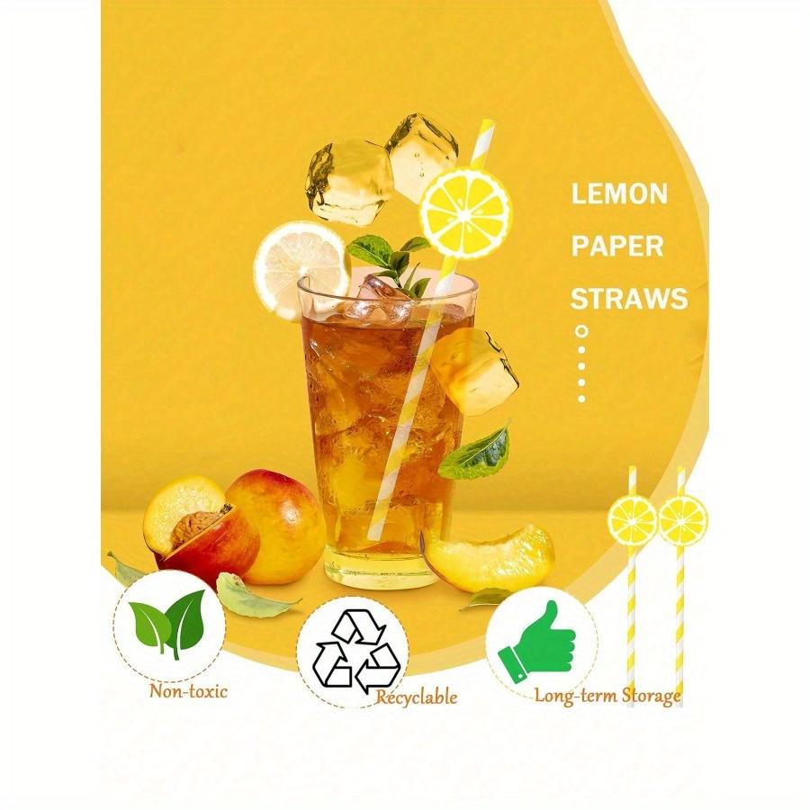 Lemon Paper Straws Disposable Cocktail Straws for Drinks Striped Straws, Individually Wrapped Plastic Straw with Lemon Shape