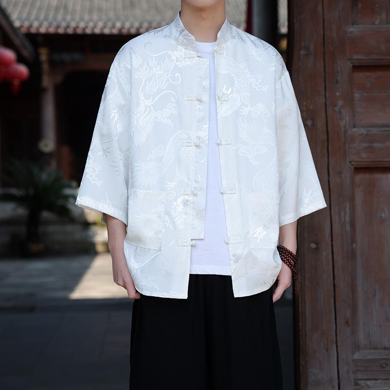 Chinese style ice silk seven-quarter-sleeved shirt men's Tang suit buckle Hanfu large size printed short-sleeved shirt ethnic style