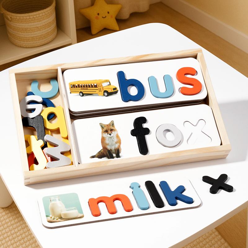 Wooden Box Word Game, Children'S Puzzle Early Education English Alphabet Cognitive Card Pairing Wooden Toy