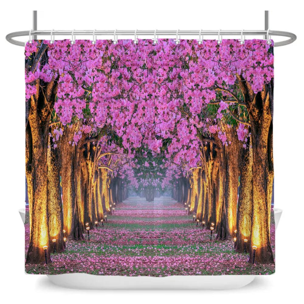 Rural Flowers Scenery Shower Curtain Dreamlike Blooming Flowers Tree Home Bathtub Decor Waterproof Polyester Bathroom Curtains