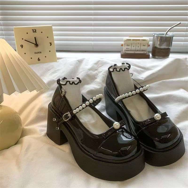 Xiaoxiangfeng French High-heeled Mary Jane Small Leather Shoes Women's Skirt Bow Pearl Black and White Color Matching Thick Heel Single Shoes