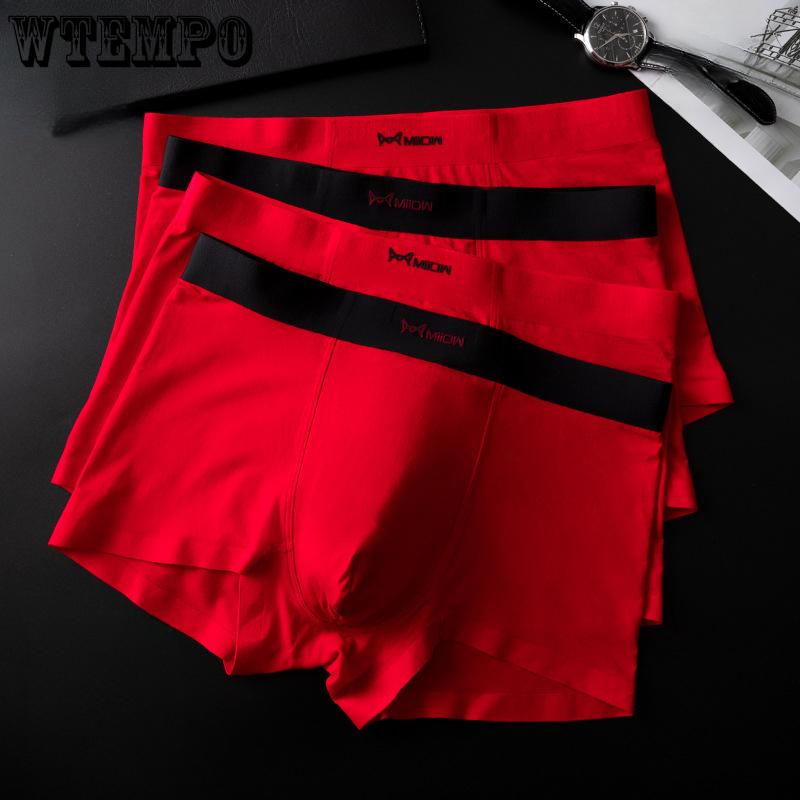 3pcs Men's Underwear with No Trace Flat Angle Pants Red Wedding Red Bottom Pants Boxer Brief