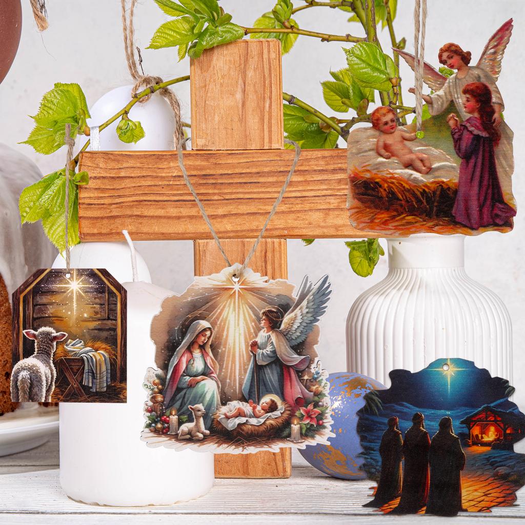 12Pcs Nativity Sets Christmas Ornaments Wooden Hanging Nativity Scene Ornament Birth Of Jesus Religious Christmas Tree Decoratio