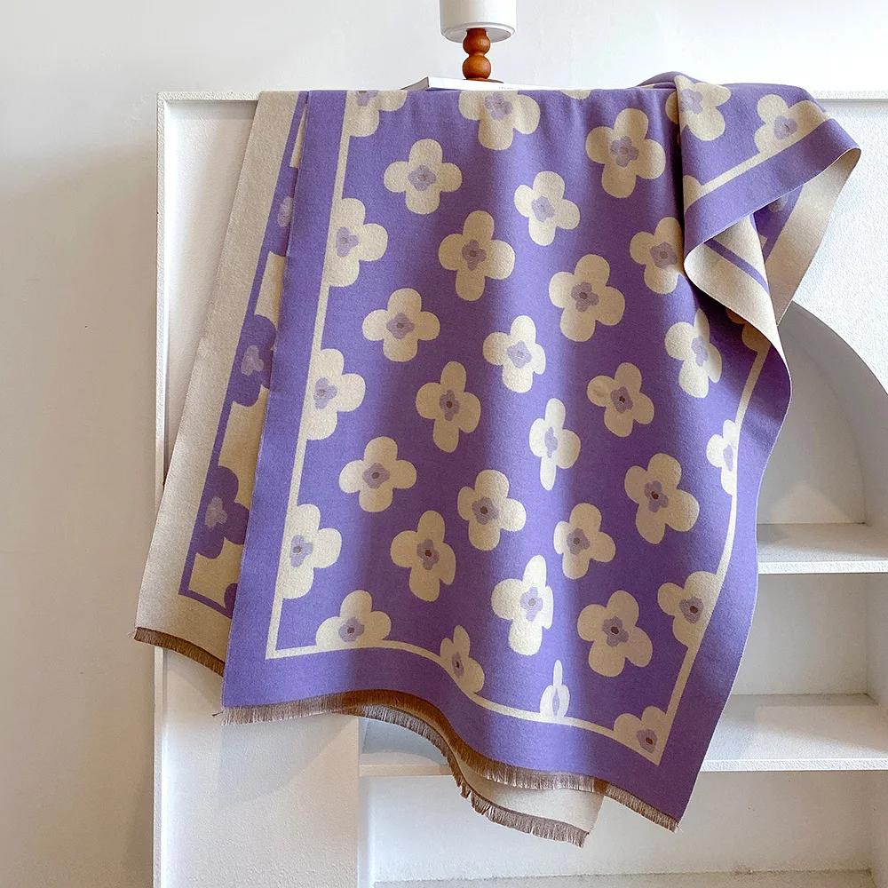 Winter Women's Scarf Luxury Design Double sided Cashmere Feel   Flower Warm Scarf Shawl Women's scarf winter