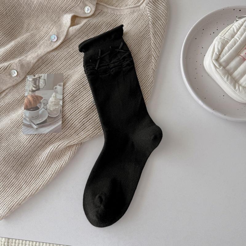 Cake Bubble Mouth Socks for Children, Mid-Calf Length, Solid Color, with Ribbon Knots, Ballet Style, Boneless, Fine Combed Cotton, Layered