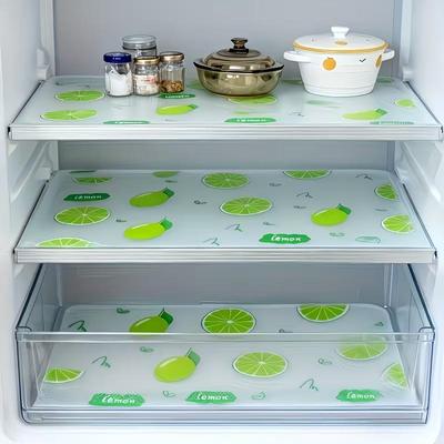 4pcs Waterproof Refrigerator Liner Set Moisture Proof Non Slip Washable Reusable EVA Mat Lemon Pattern Drawer Cabinet Shelf Liner for Kitchen Use